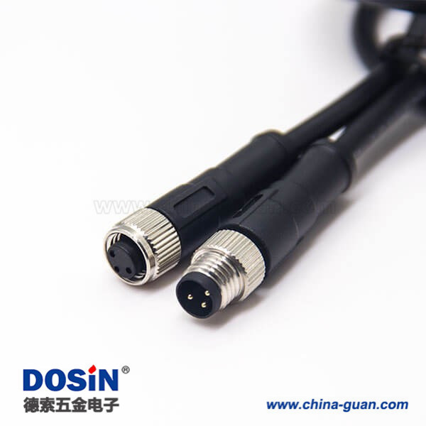 M8电缆插头3芯公对母直式注塑线24AWG线长1米180度螺纹传感器