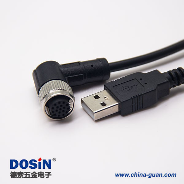 m12母头弯式17芯工业防水A编码插头转USB2.0直式公头不带屏蔽1M AWG26