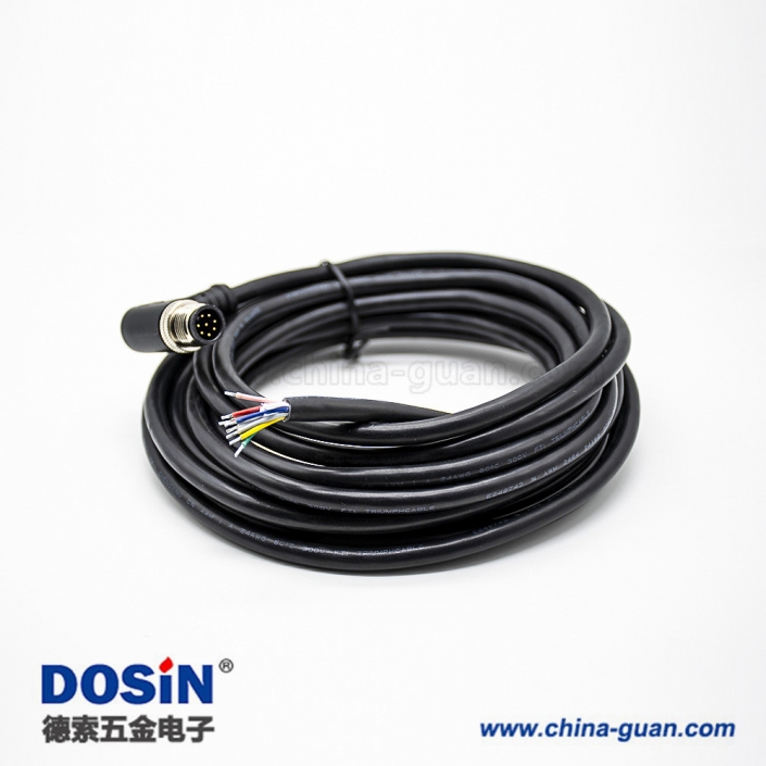 M12标准电缆8芯A编码公头90度弯注塑线不带屏蔽单边线5M