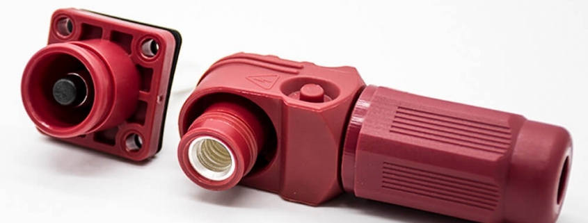 大电流防水连接器350A 12mm红色IP65弯式插头插座铜牌带孔