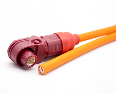 储能连接器IP67塑料红色8mm单芯120A接线弯式插头25平方线长30CM