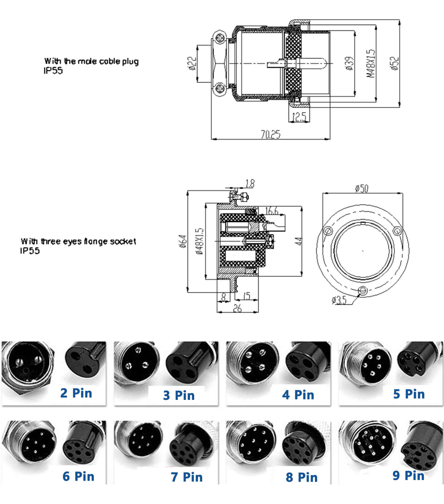 4芯航空插座 GX48三孔圆形法兰公头常规插座