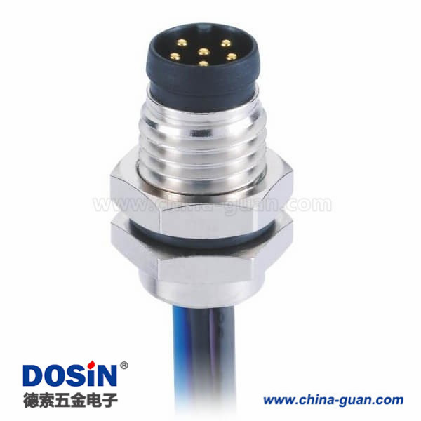 圆形连接器M8A型板端前锁直式防水焊线式6芯公插座连接器接1米26AWG线