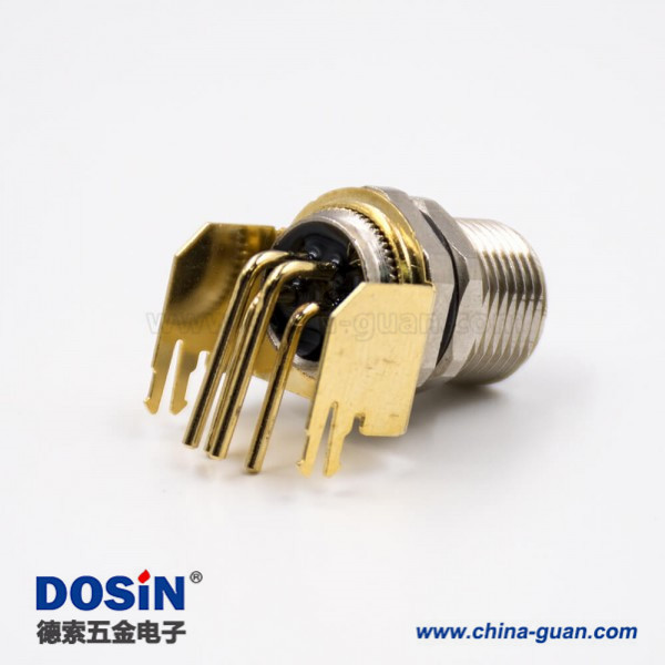 M8连接器母头4芯板端插座弯式接PCB板前锁板传感器
