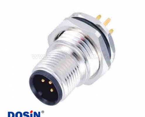 M12连接器4芯 A型板端插座直式PCB板焊接式防水前锁板公头