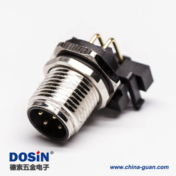 M12接头4芯防水连接器A-型 板端c插座PCB插板弯头 前锁板传感连接器