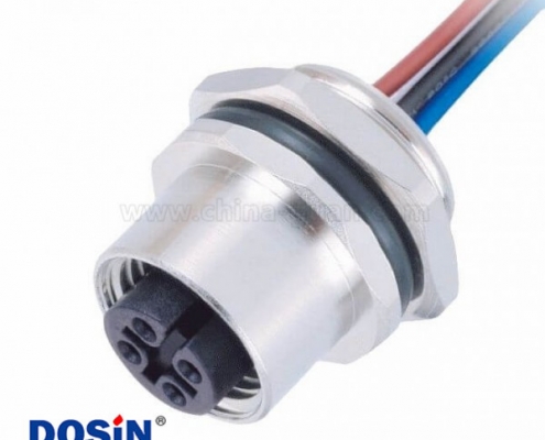 M12接头母4pin A-型板端后锁直式带屏蔽1M AWG22焊接带线型传感连接器