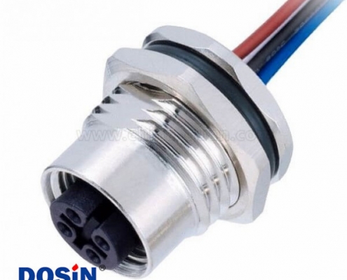 M12板端插座IP67防水连接器4pin直式带屏蔽1M AWG22母头前锁带线型