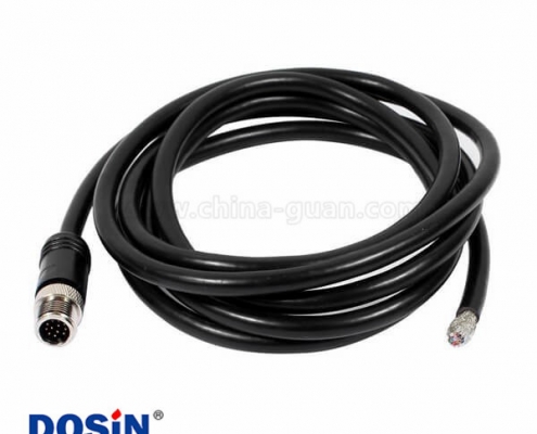 塑封防水M12接头12pin 公头A扣不带屏蔽直式单边注塑线2M AWG26