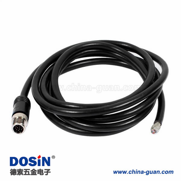 塑封防水M12接头12pin 公头A扣不带屏蔽直式单边注塑线2M AWG26