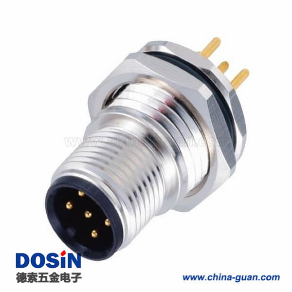 M12防水连接器5 pin A-型板端公座子PCB插板式前锁传感连接器