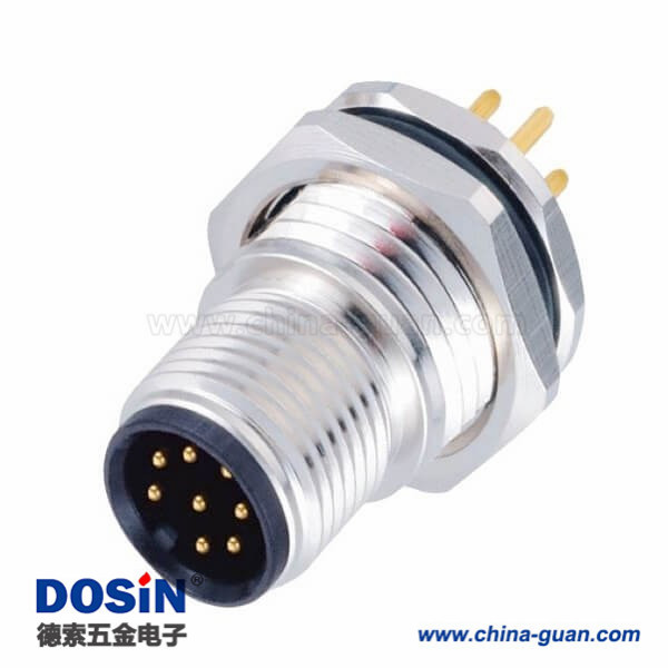 M12连接器8pin A型板端公座PCB插板式前锁工业防水传感连接器
