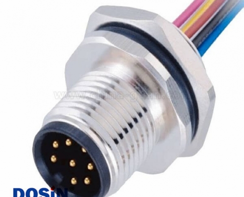 M12防水连接器8pin A型防呆位板端公座后锁焊接带线50CM AWG24带屏蔽