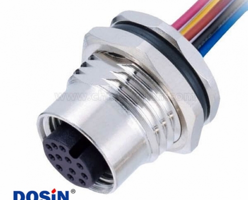 M12 12Pin 母头防水连接器前锁板焊线A扣座子带线50CM AWG26带屏蔽