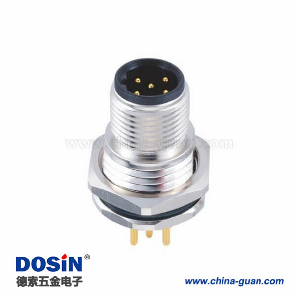 M12连接器5p B型板端公座PCB插板式前锁工业防水传感连接器