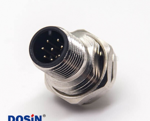 m12连接器系列8pin公头直式板端插座前锁板螺纹防水PCB板安装不带屏蔽