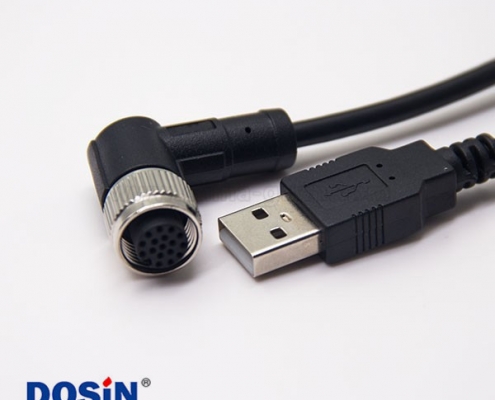 m12母头弯式17芯工业防水A编码插头转USB2.0直式公头不带屏蔽1M AWG26